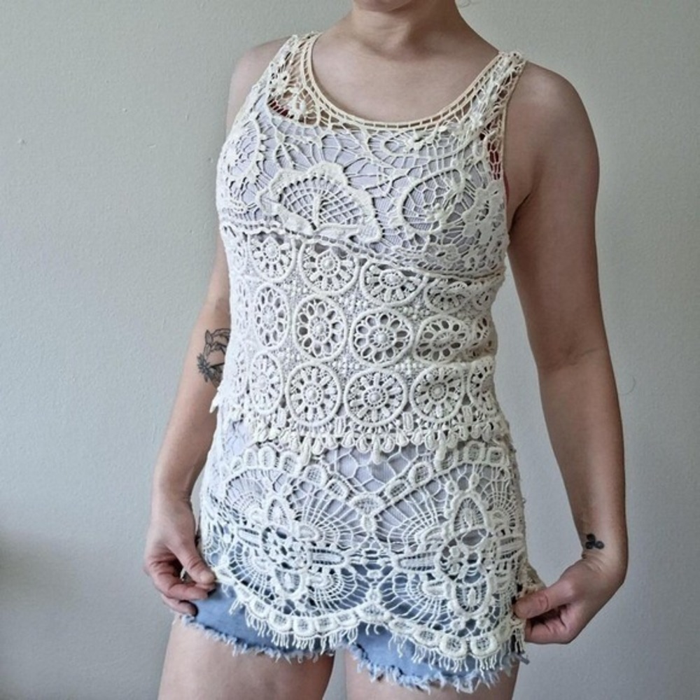 Valerie Bertinelli Cream CrochetTunic Top M / L